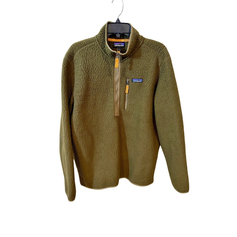 Patagonia Retro Pile Fleece Pullover Jacket Mens L Olive Green Sherpa 1/4 Zip